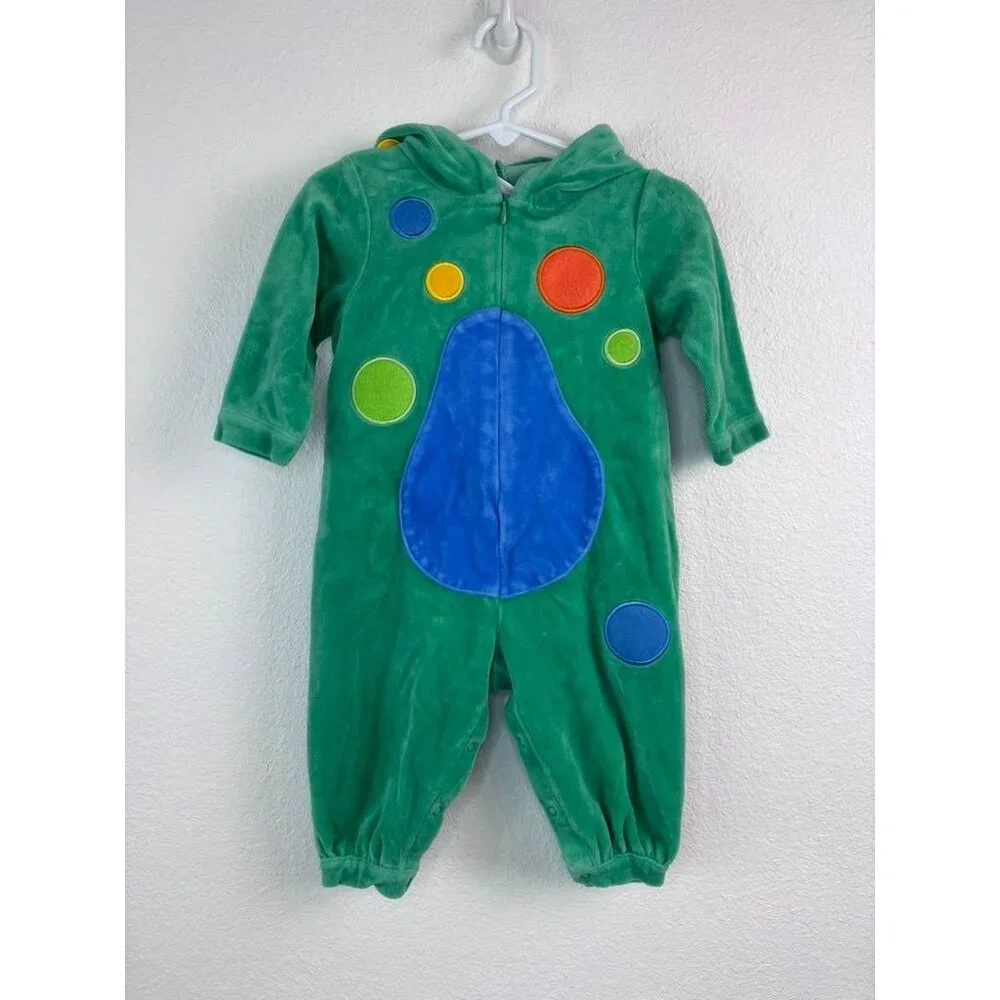 Vintage Parisian Kids baby 12 months green dino sleeper‎ costume hooded zip up